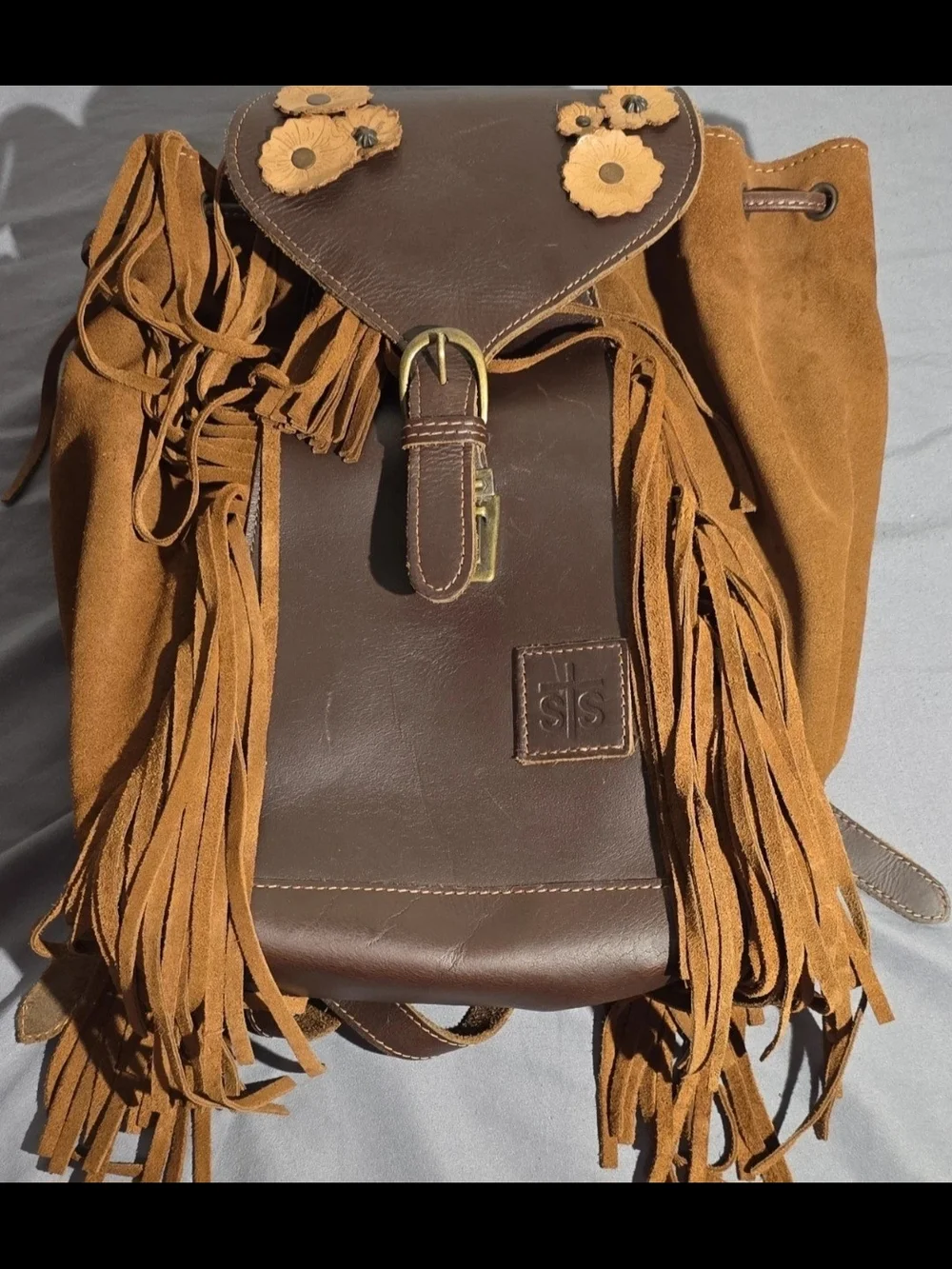 STS Ranchwear Dark Brown Leather Fringe Backpack with Tan Floral Appliqués - Picture 3 of 9